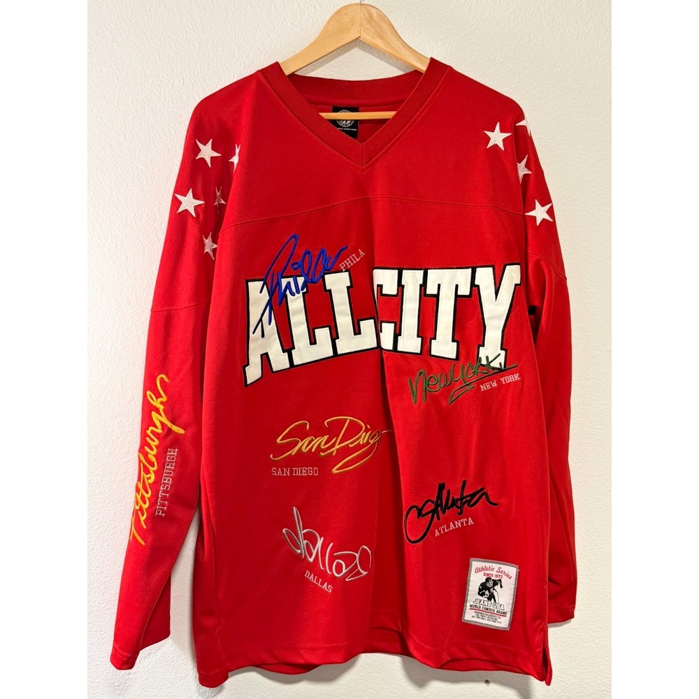 Vintage Jeans USA All City FNF 73 Embroidered Football Jersey Red Mens Large Y2K